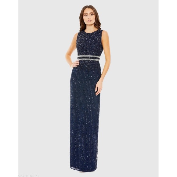 MAC DUGGAL $398 Sequined Sleeveless High Neck Column Gown Dress Navy Size 16 - Picture 1 of 8